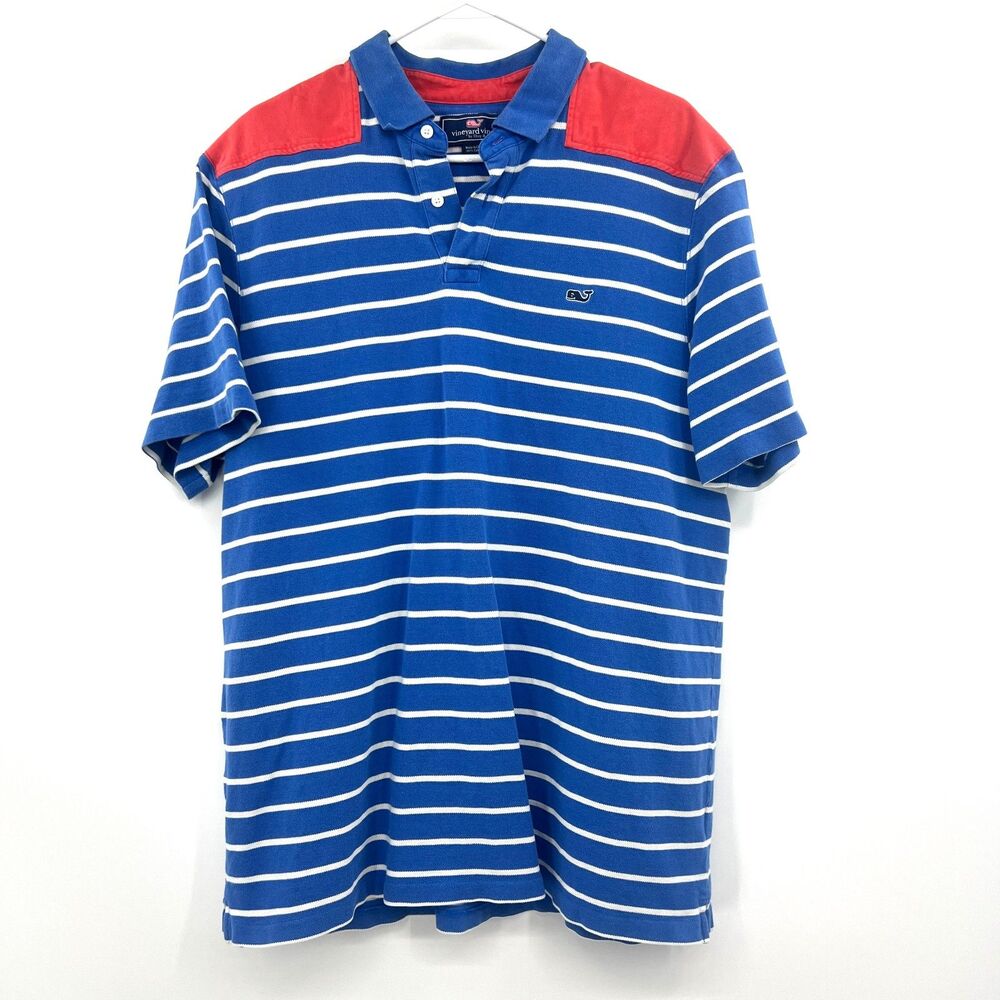 Vineyard Vines by Shep & Ian Mens XL Polo Blue White Striped Red Whale Cotton